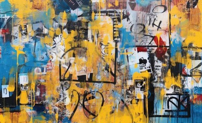 Walls in the form of collage work in the style of spray paint art covered with graffiti of different colors and styles.