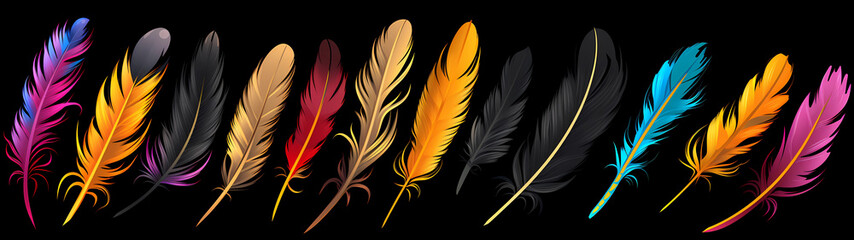 Ultra-Wide Background of a Variety of Colorful Clipart Feathers with a Black Background (Generative AI)