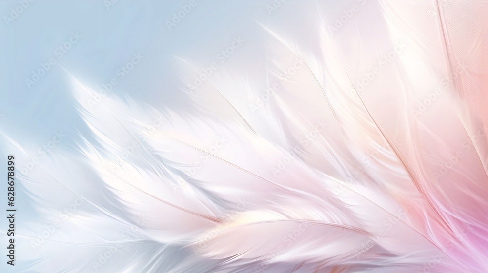 Poster Generative AI : Airy soft Abstract gentle natural background with bird feathers macro with soft focus on light background Festive background white wing is strewn with sparkling sparkles