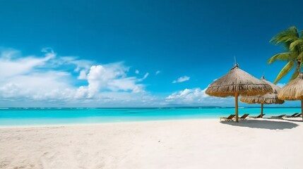Generative AI : Beautiful beach with white sand turquoise ocean and blue sky with clouds on Sunny day Summer tropical landscape with green palm trees and Straw umbrellas panoramic view