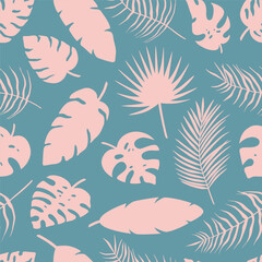 Naklejka premium Seamless pattern of different tropical palm leaves, jungle Monstera, banana leaves. Exotic collection of pink silhouette plant. Botanical vector illustration for greeting card, wrapping paper, fabric