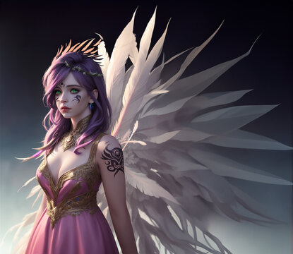 Heavenly beautiful anime girl surrounded by colorful feathers. Digital art. Beautiful girl with purple hair.