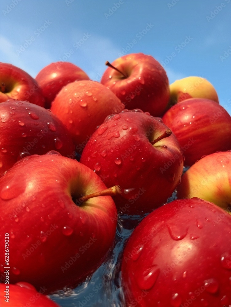 Poster Generative AI : Beautiful fresh juicy ruddy apples in red plate of polka dots and glass of apple juice on a table on background of an apple garden and sky in nature on a sunny day closeup copy space