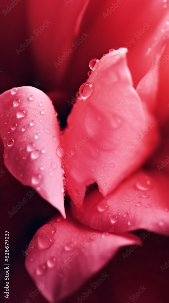 Poster generative ai : beautiful shiny water droplets on flower petal peony macro drops of dew on a pink pe