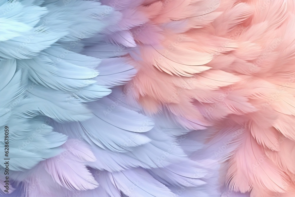 Poster Generative AI : Airy soft fluffy feather closeup of macro of blue and pink pastel shades on white background with soft focus Abstract gentle natural background with feather