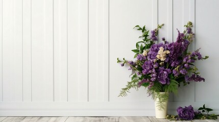 Fototapeta na wymiar Generative AI : A beautiful floral arrangement withflowers and plants on a white wooden background Flowers and plants on white wooden boards with copy space
