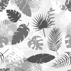 Abstract seamless pattern of tropical palm leaves, jungle Monstera, banana leaves and brush shape. Exotic silhouette plant with grunge texture. Botanical vector illustration for wrapping paper, fabric