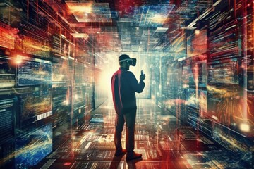 Man looking at objects and web pages using virtual reality glasses.