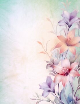 Generative AI : Beautiful abstract handdrawn watercolor flowers closeup on a gentle pink and light blue background Refined delicate elegant artistic image of nature in spring with free space for text
