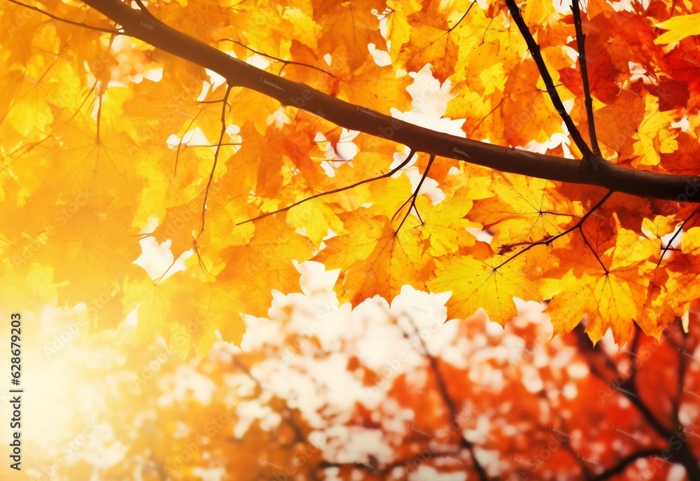 Poster generative ai : autumn background colorful yellow and red maple foliage on a sunny day autumnal park