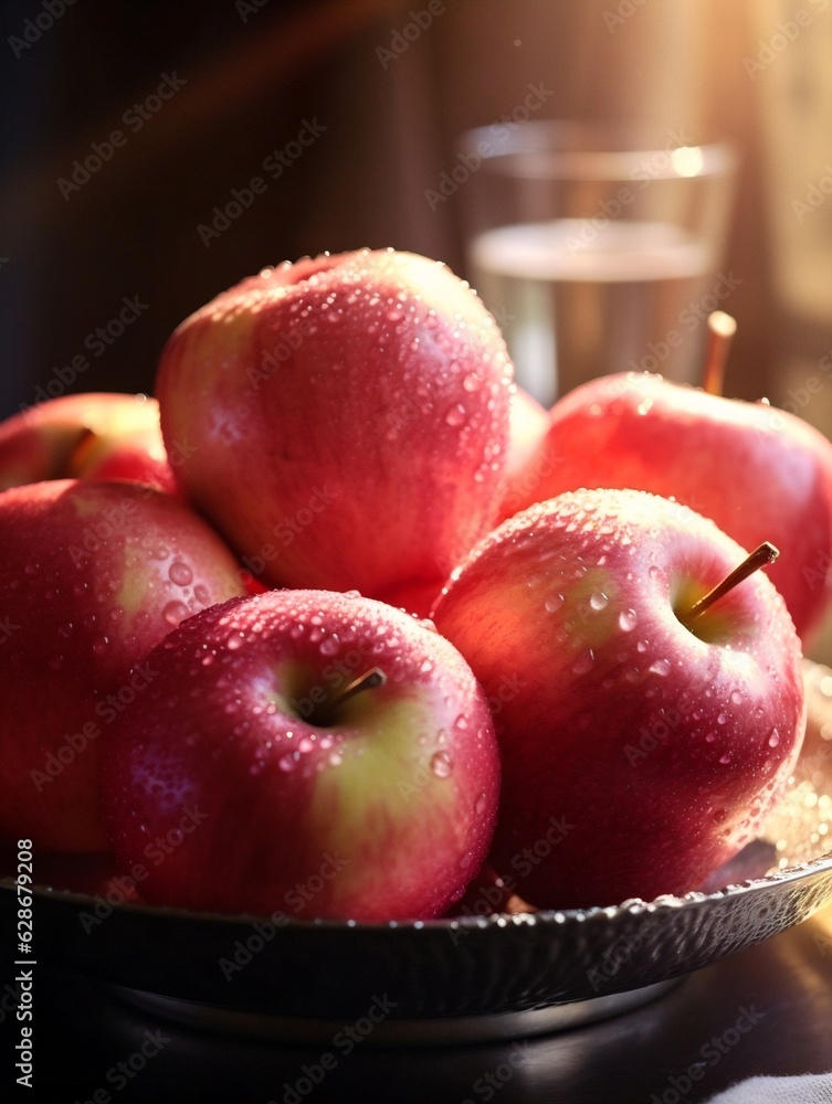 Poster Generative AI : Beautiful fresh juicy ruddy apples in red plate of polka dots and glass of apple juice on a table on background of an apple garden and sky in nature on a sunny day closeup copy space