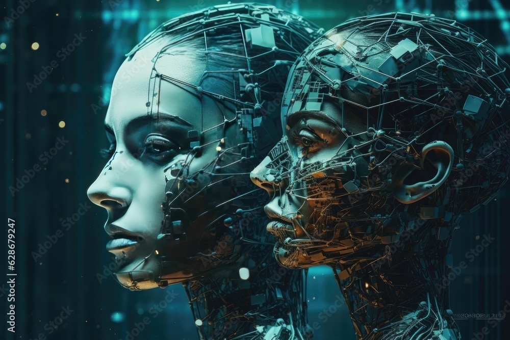Poster technological perspective on anatomy with artificial head of a robot, strong facial expression and p