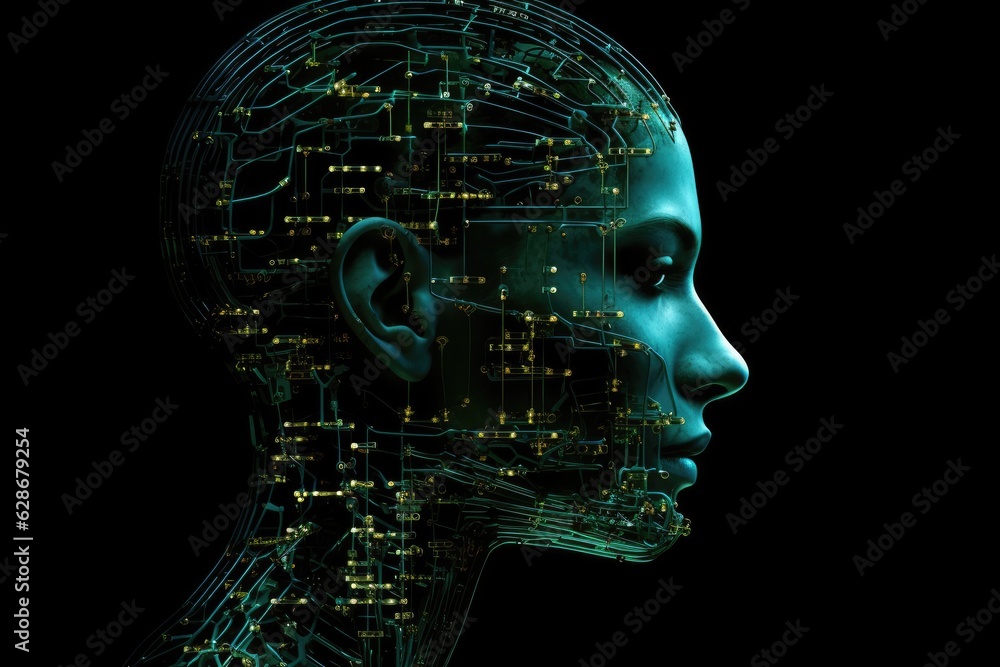 Poster technological perspective on anatomy with artificial head of a robot, strong facial expression and p