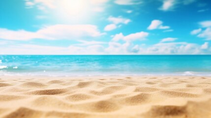 Generative AI : Beautiful background image of tropical beach Bright summer sun over ocean Blue sky with light clouds turquoise ocean with surf and clear sand Harmony of clean environment Wide format