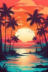 Fototapeta na wymiar Generative AI : Beautiful tropical landscape colorful sunset with a silhouette of a palm tree over the ocean beach Maldives island
