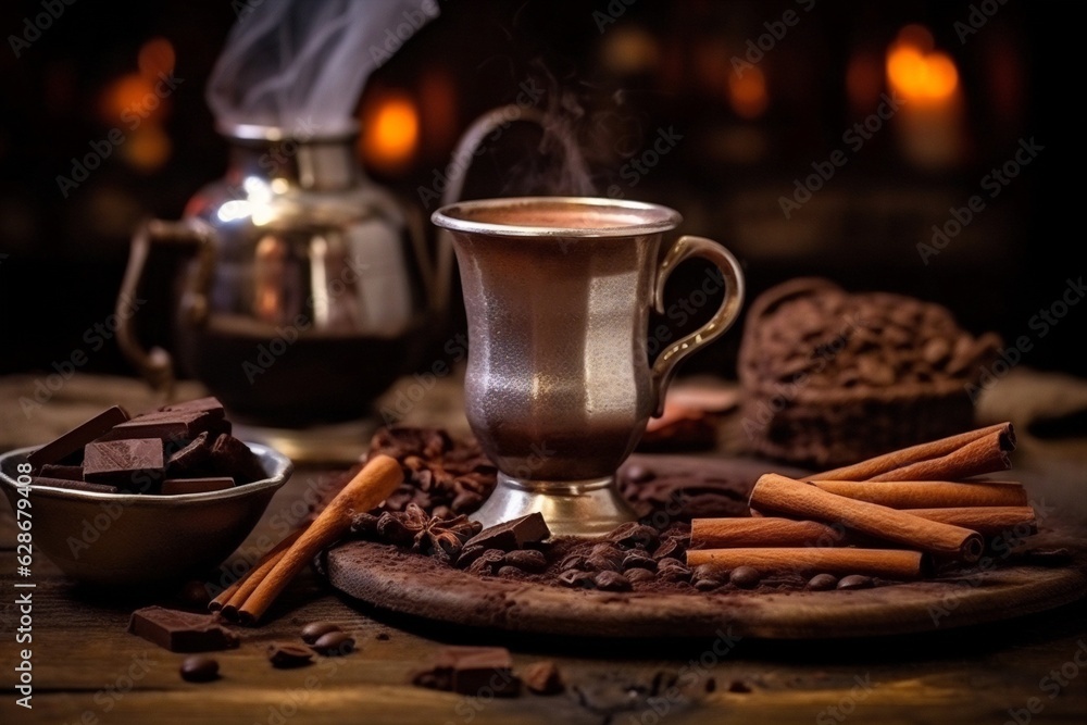 Aufkleber Generative AI : Cup coffee on brown wooden table with chocolates Sugar and cinnamon sprinkled on table Beautiful original art composition image Background template for menu of cafes and bars