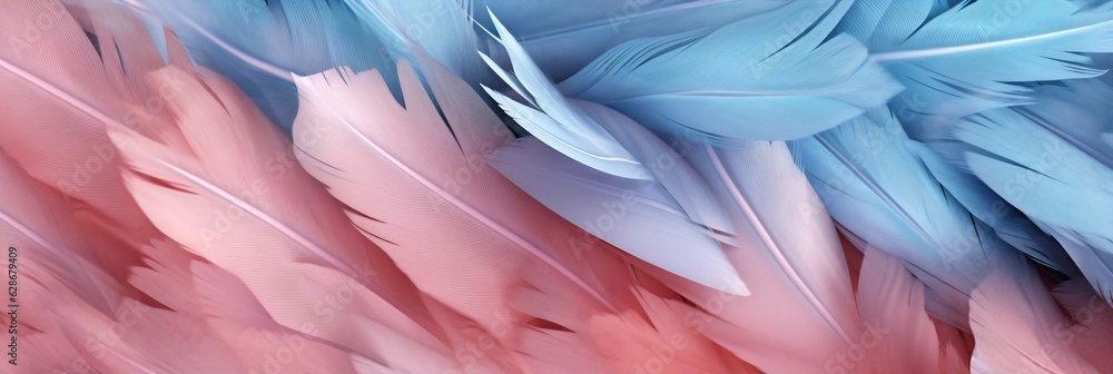 Poster Generative AI : Airy soft fluffy feather closeup of macro of blue and pink pastel shades on white background with soft focus Abstract gentle natural background with feather