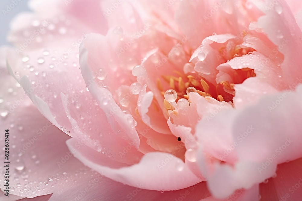 Aufkleber Generative AI : Beautiful shiny water droplets on flower petal peony macro Drops of dew on a pink petal Gentle soft elegant airy artistic image with soft focus