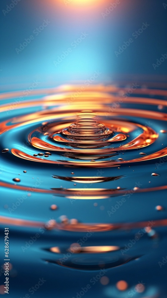 Poster generative ai : beautiful transparent round big drop of water on a bright striped blue feather close