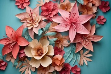 Decorative picture of paper flowers arranged in different colors in light turquoise and pink style.