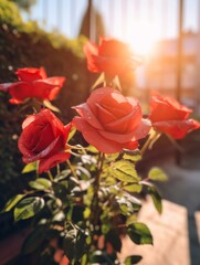 Obraz premium Generative AI : Beautiful floral natural background with red roses in garden an outdoor with beautiful bokeh and free space for text