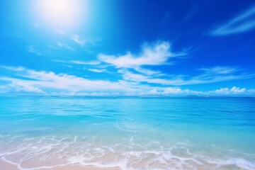 Obraz premium Generative AI : Beautiful background image of tropical beach Bright summer sun over ocean Blue sky with light clouds turquoise ocean with surf and clear sand Harmony of clean environment Wide format