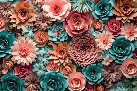 Decorative picture of paper flowers arranged in different colors in light turquoise and pink style.