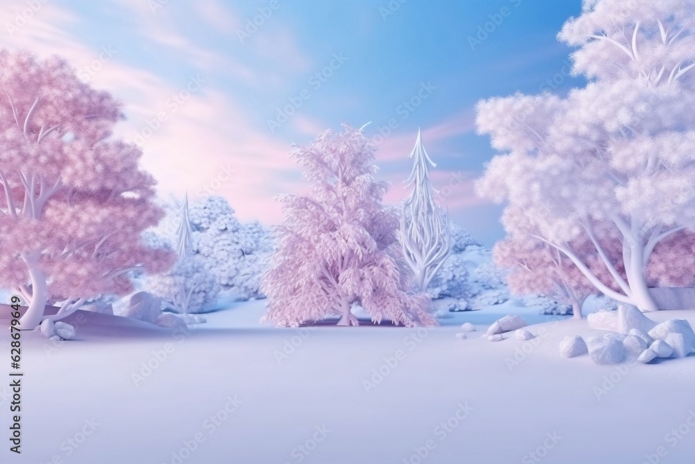 Poster generative ai : beautiful and amazing landscape frame winter nature crowns trees covered with frost 