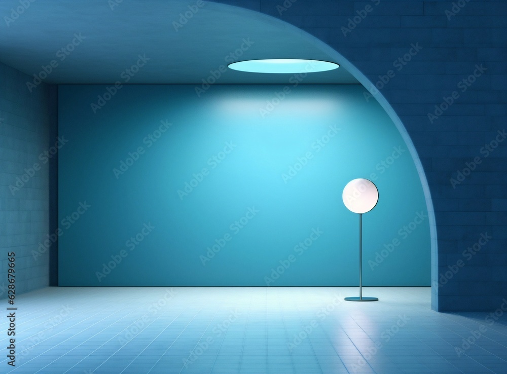 Poster Generative AI : Beautiful versatile backdrop for product design and presentation with blue wall light reflections and concrete floor