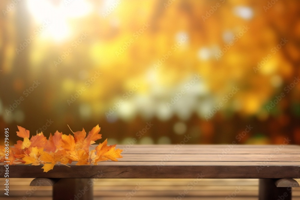 Poster Generative AI : Beautiful autumn nature background with border of orange gold and red maple leaves on background of sunlight with soft blurred bokeh and empty wooden table planks