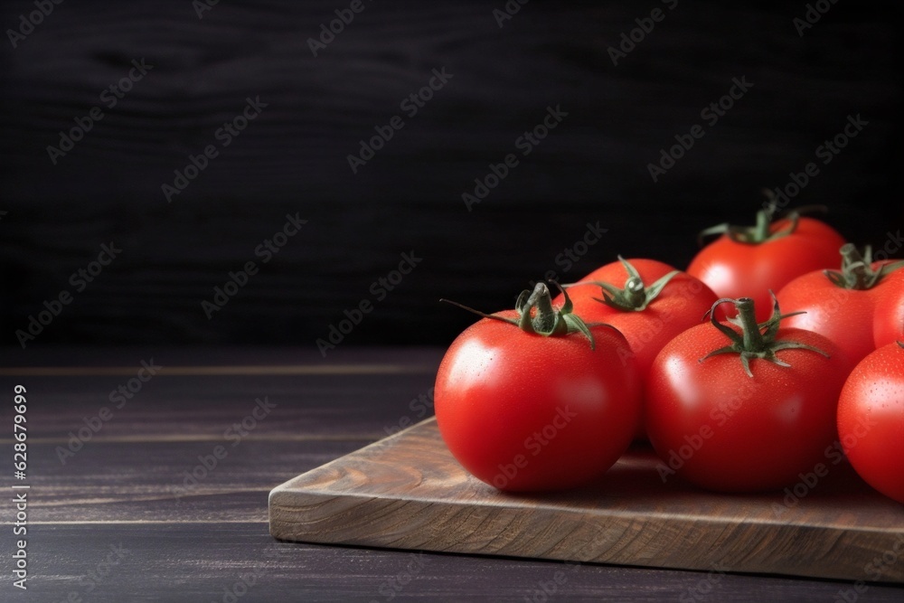 Poster generative ai : creative composition of red tomatoes and pepper around a wooden boxon a wooden brown
