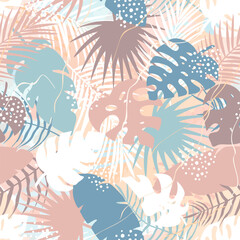Fototapeta premium Abstract seamless pattern of tropical palm leaves, jungle Monstera, banana leaves and brush shape. Exotic silhouette plant with grunge texture. Botanical vector illustration for wrapping paper, fabric