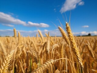 Fototapeta premium Generative AI : Beautiful field with strong healthy ears ripe wheat of golden color against background of blue sky with light clouds