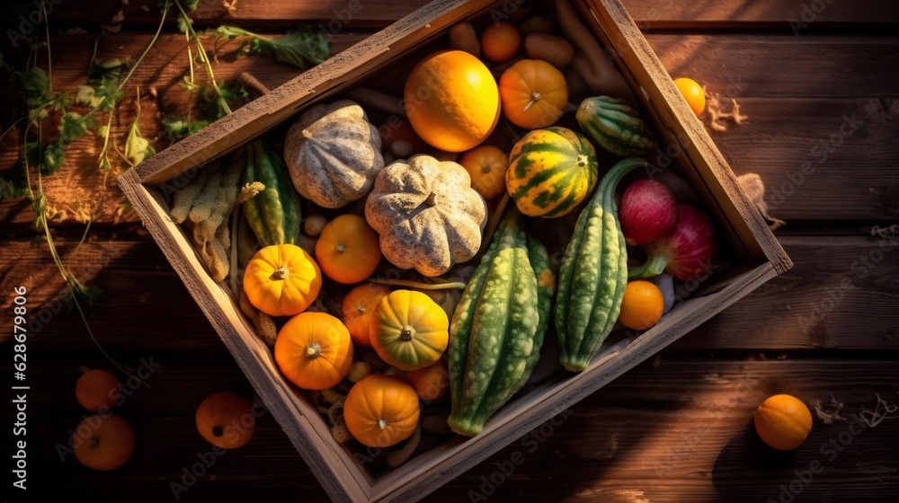 Poster generative ai : creative composition of red tomatoes and yellow pepper in a box on a wooden brown ta