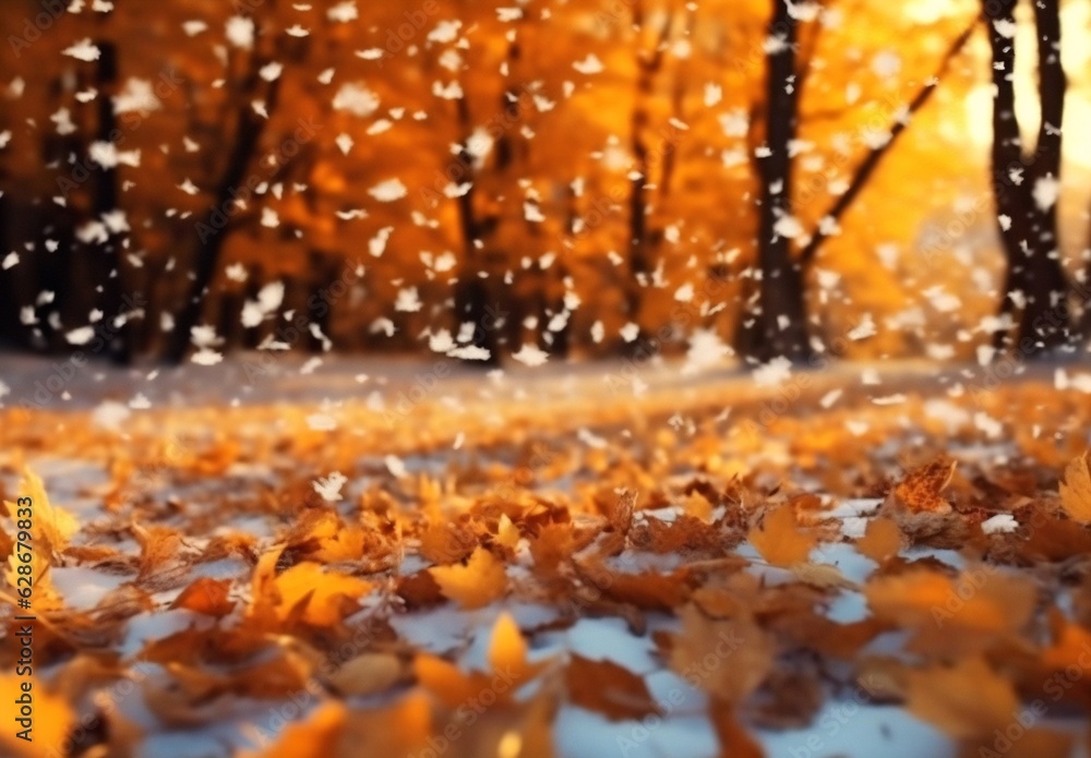 Poster generative ai : beautiful golden autumn leaves in winter on snow closeup macro snowdrift