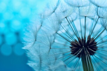 Generative AI : Beautiful light air parachute dandelion flower in droplets of water on a yellow blue background closeup macro Gentle abstract artistic image