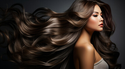 Naklejka premium Beautiful brunette girl with very long well-groomed smooth hair. Develop. Advertisement for hairdresser, beauty salon, hair banner. AI generation