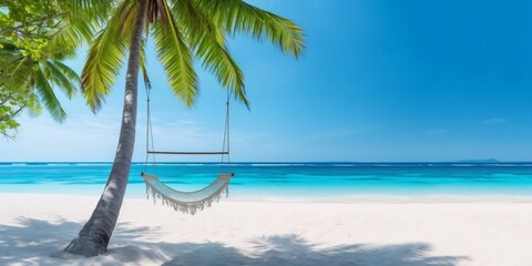 Generative AI : Beautiful natural tropical landscape beach with white sand and Palm tree girl is resting on a swing Turquoise ocean on background blue sky with clouds on sunny summer day island Maldiv