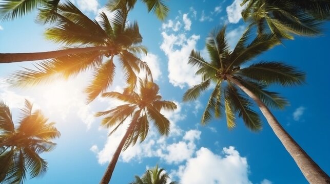 Generative AI : Beautiful tropical palm trees against blue sky with white clouds Natural background with copy space