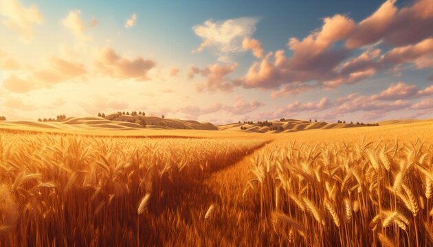 Generative AI : Beautiful natural evening landscape panorama of golden wheat field at sunset against background of evening blue sky with clouds Bright colorful pastoral image nature