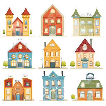 Set of colorful houses on white background. Generative AI
