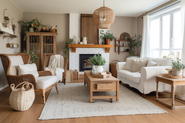 Fototapeta na wymiar Modern interior. Light living room. Generative AI