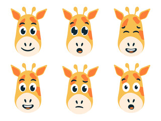 Avatar Cute giraffe. Collection of Emotions of the Muzzle of a Spotted Animal from Africa. Smile and shock. Admiration and Confusion. The head of a child character. Vector illustration.