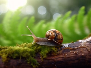 Generative AI : A snail in the forest in summer crawls through a log and smell a plant closeup A snail with antennae tentacles macro on a blurred green background with soft focus Funny artistic image