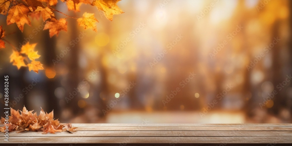 Poster Generative AI : A beautiful autumn panoramic view park with golden leaves of maple trees and a bench in the rays of sunlight blurred soft focus Natural autumn background free copy space