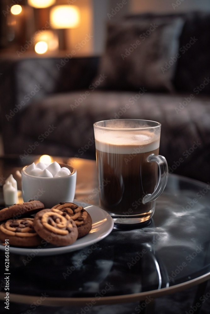 Aufkleber generative ai : a cup of hot coffee with foam and chocolate sweets on the table beautiful compositio
