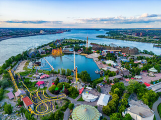 Aerial drone shot of St. Lawrence River scenery and beautiful buildings