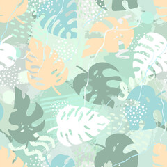 Seamless pattern of tropical palm leaves, jungle Monstera leaves and brush shape. Exotic collection of plants and grunge texture. Botanical vector illustration for wallpaper, wrapping paper, fabric
