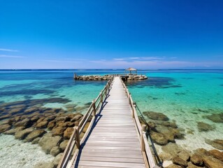 Obraz premium Generative AI : Beautiful tropical landscape with turquoise ocean with blue sky and light clouds on summer day Long bridge to island In foreground is lonely heron Clear water and soothing nature