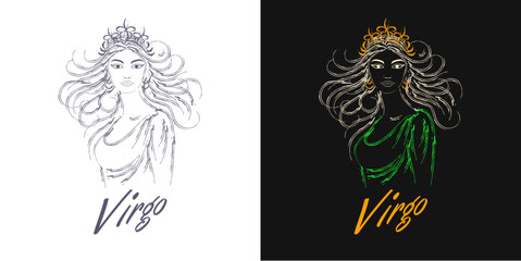 Neon green outline illustration of zodiac sign Virgo. Portrait of young beautiful woman of indian ethnicity with direct look, flowing hair. Grunge texture paint brush strokes of fluorescent colors